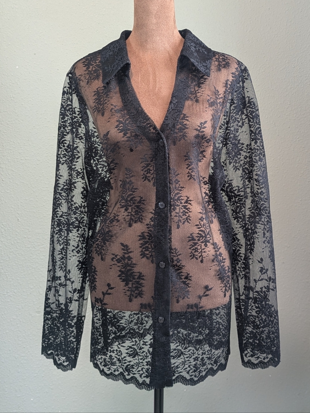 White Stag Sheer Black Floral Lace Button-Down Shirt